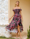 GRACE KARIN Women's Floral Print Maxi Dress Off Shoulder Smocked A Line Flowy Ruffle Wedding Guest Dresses with Pockets