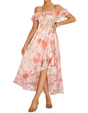GRACE KARIN Women's Floral Print Maxi Dress Off Shoulder Smocked A Line Flowy Ruffle Wedding Guest Dresses with Pockets