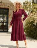 GRACE KARIN Women's Puff Long Sleeve V Neck Smocked Maxi Dress Tiered A-line Spring Fall Flowy Long Dress with Pockets