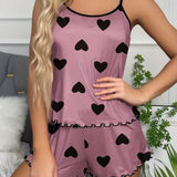 Heart Print Neck Cami Top and Lettuce Trim Shorts Set