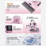 Heat Press Machine 15x15 in 8 in 1 with 30oz Tumbler Press T-Shirts Pink