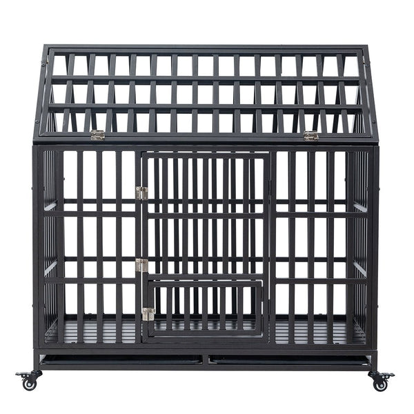Heavy-Duty Carbon Steel Dog Kennel Cage Crate W/ Sloped Roof And Wheels, 48" (SAK73812)
