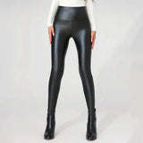 High Waisted Faux PU Leather Plush Lined Elastic Slim Leggings
