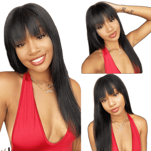 Human hair wig with bangs Natural black