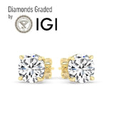 IGI,F/VS1 ,2 CT Solitaire Lab-Grown Round Diamond Studs Earring, 18K Yellow Gold