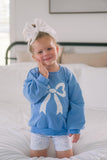 Blue Toile Applique Bow: Baby Sweatshirt Romper or Crewneck