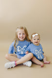 Blue Toile Applique Bow: Baby Sweatshirt Romper or Crewneck