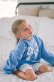 Blue Toile Applique Bow: Baby Sweatshirt Romper or Crewneck