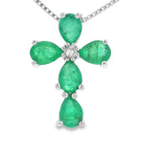 Emerald Diamond Cross Religious Pendant 10KT White Gold