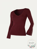 I-N-C Maroon Red Plus Pearl-Trim Bell Sleeve Sweater, Size OX
