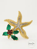 Holiday Lane Gold-Tone Crystal Starfish and Mistletoe Pin