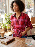 Free People Womens Plaid 3/4 Sleeve Collared Button up Top