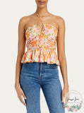 Aqua Retro Floral Halter Top, Size Medium