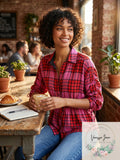 Free People Womens Plaid 3/4 Sleeve Collared Button up Top