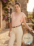 Lauren Ralph Lauren Womens Linen-Blend Jersey Flutter-Sleeve T-Shirt