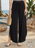 Aqua Rib Knot Front Wide Leg Pants, Black, Size Small