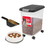 IRIS USA Airtight Pet Food Storage Container with Wheels, Black, 30 lb Capacity - BPA-Free Clear Plastic Bin with Snap-Lid Seal to Keep Kibble, Pellets or Seeds Fresh for Dogs, Cats and Birds