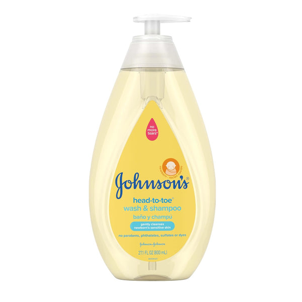 Johnson's Head-to-Toe Gentle Tear-Free Baby & Newborn Wash & Shampoo, Sulfate-, Paraben- Phthalate- & Dye-Free, Hypoallergenic Wash for Sensitive Skin & Hair, 27.1 fl. Oz