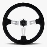 The Le Mans | Black Alcantara Suede | Silver Spoke | Bavarian Stitch