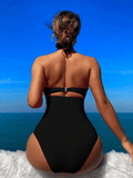 Ladies' cross pleated sexy hanging neck and exposed waist one-piece bikini swimsuit