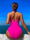 Ladies' cross pleated sexy hanging neck and exposed waist one-piece bikini swimsuit