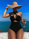 Ladies' cross pleated sexy hanging neck and exposed waist one-piece bikini swimsuit
