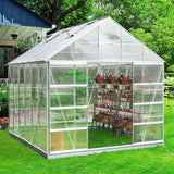 [10X12FT] Large Heavy-Duty Outdoor Walk-In Polycarbonate Aluminum Frame Greenhouse With Adjustable Vents & Sliding Doors (SAK93648)
