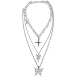 Layered Butterfly Cross Angel Pendant Necklace