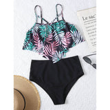 Leaf Print Hanky Hem High Waisted Bikini Swimsuit