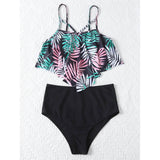 Leaf Print Hanky Hem High Waisted Bikini Swimsuit