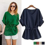 Linen-Blend Loose-Cut Casual Short Sleeve Top with Belt