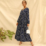 Long Sleeve Fashion Casual High Waist Maxi Dress Slim Floral Print V Neck