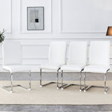 Luxury Simple Arch Chair - Set of 4 White PU Material High Resilience Dining Chair with Arched Metal Silver Leg.