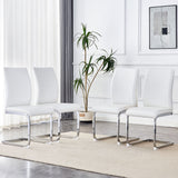 Luxury Simple Arch Chair - Set of 4 White PU Material High Resilience Dining Chair with Arched Metal Silver Leg.