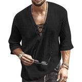 Men's Fashion Shirt Short Sleeve Beach V-Neck Drawstring