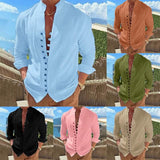 Men's Linen Button Up Shirt Long Sleeve Plain Band Collar