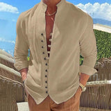 Men's Linen Button Up Shirt Long Sleeve Plain Band Collar