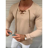 Men's Solid V Neck Long Sleeved Cotton Linen Shirt