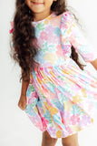 Colorful Carnations 3/4 Sleeve Ruffle Twirl Dress