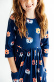 Auburn Blue Aubie 3/4 Sleeve Pocket Twirl Dress