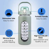 Motivational Water Bottle Intake Tracker with Straw Time Marker Silicone Sleeve Handle