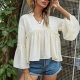 Notch Neck Frill Trim Flounce Sleeve Babydoll Blouse