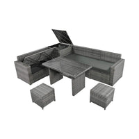 Outdoor 6-Piece All-Weather PE Rattan Sofa Set With Adjustable Seat, Storage Box, Removable Covers, And Tempered Glass Table Top (SAK37221)