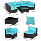 Outsunny 7-Piece Wicker Patio Conversation Set with Cushions & Glass Table, Turquoise