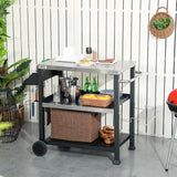Outsunny Grill Cart Table Outdoor, 3-Shelf Stainless Steel, Pizza Oven Stand, Black with BBQ Wheels & Side Handle
