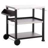 Outsunny Grill Cart Table Outdoor, 3-Shelf Stainless Steel, Pizza Oven Stand, Black with BBQ Wheels & Side Handle
