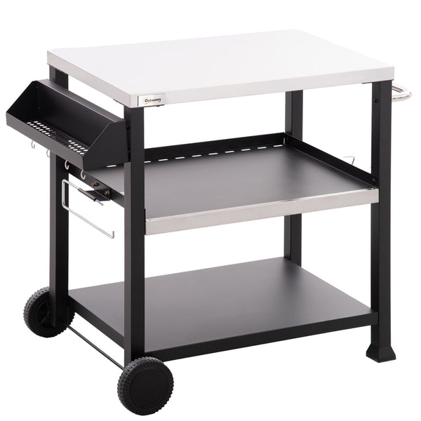 Outsunny Grill Cart Table Outdoor, 3-Shelf Stainless Steel, Pizza Oven Stand, Black with BBQ Wheels & Side Handle