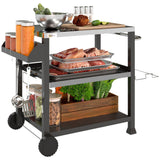 Outsunny Grill Cart Table Outdoor, 3-Shelf Stainless Steel, Pizza Oven Stand, Black with BBQ Wheels & Side Handle