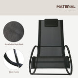 Outsunny Patio Rocking Chair, Outdoor Chaise Lounger with Headrest Pillow and Breathable Fabric for Backyard, Living Room, Deck and Poolside, Black