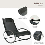 Outsunny Patio Rocking Chair, Outdoor Chaise Lounger with Headrest Pillow and Breathable Fabric for Backyard, Living Room, Deck and Poolside, Black